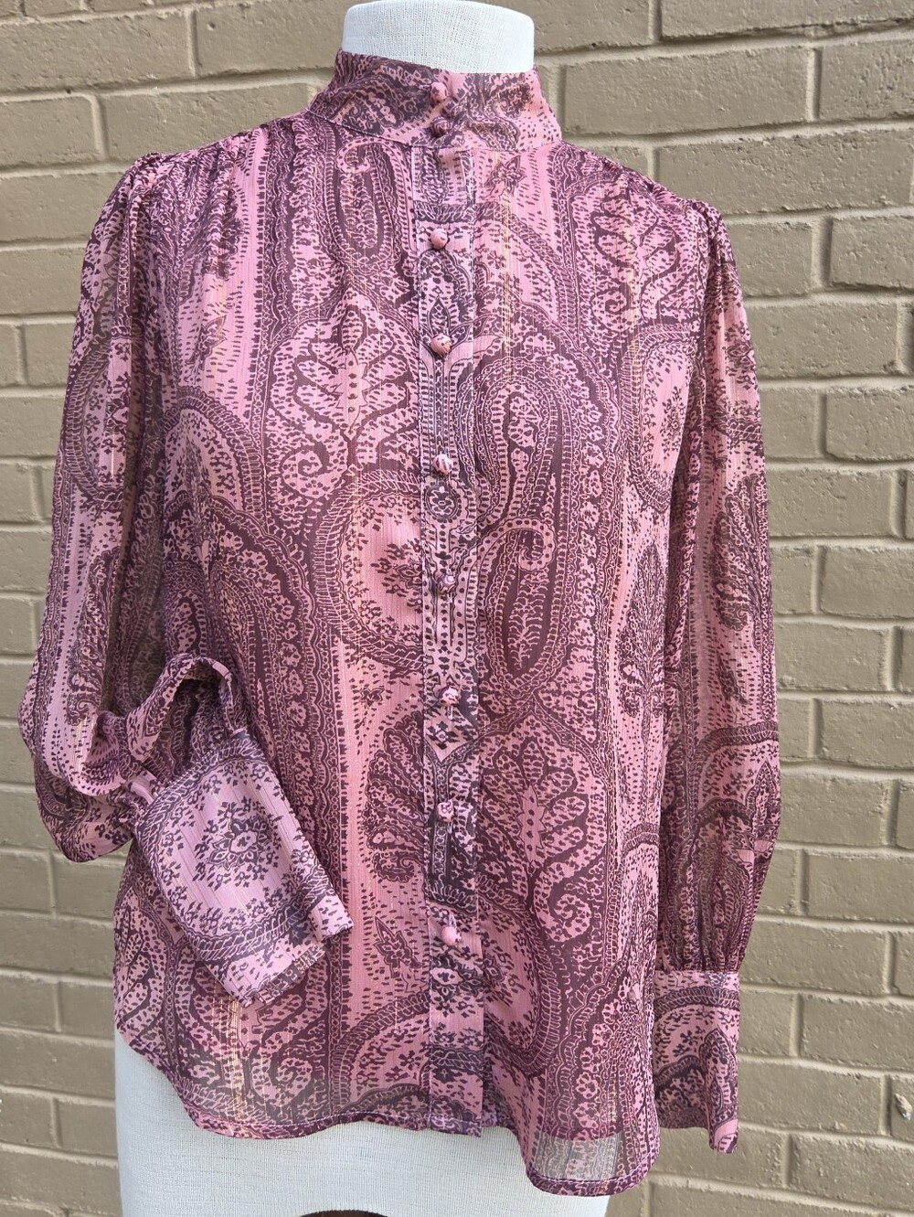 Ann Taylor Pink Paisley Gold Shimmer High Neck Blouse XXS